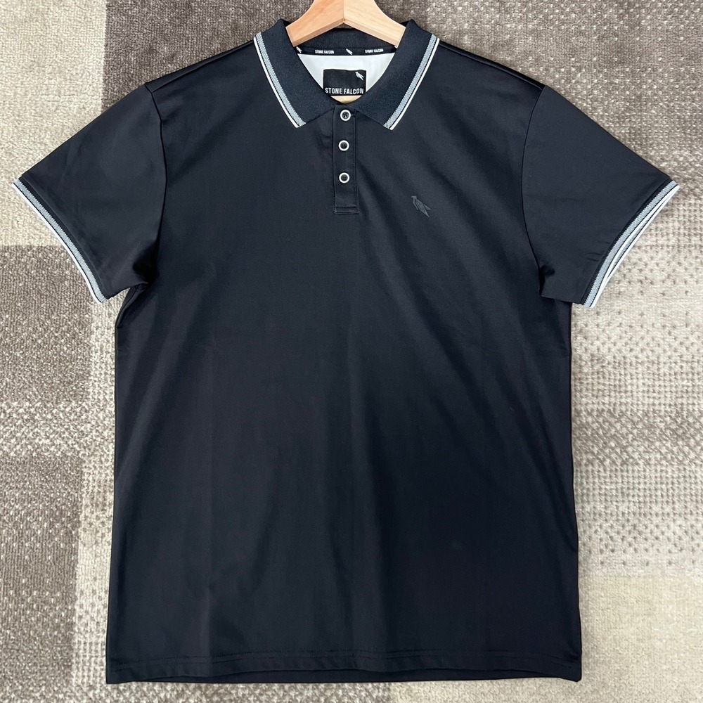 Stone Falcon Mens Large Black Performance Polo Shirt Short Sleeve Tipped Collar